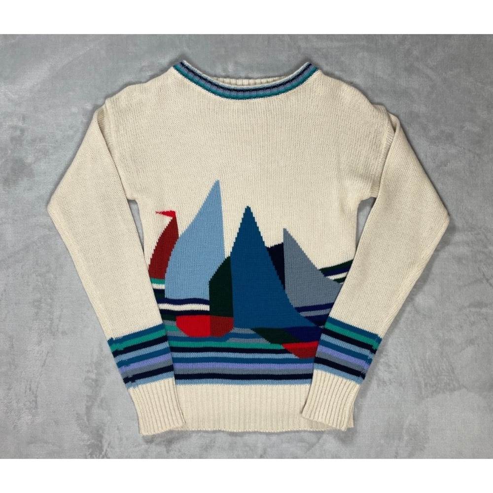 Vintage Collage Sweater Women Small Cream Sailboat Knit Nautical Colorblock